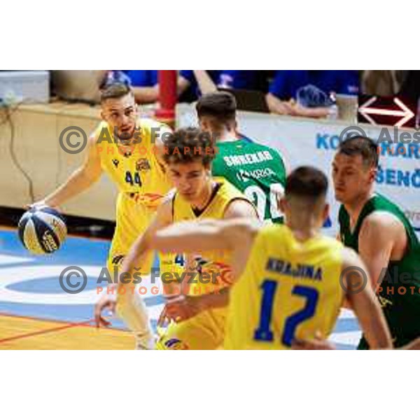 in action during OTP Bank League 2024/2025 basketball match between Sencur and Krka in Sencur, Slovenia on March 9, 2025