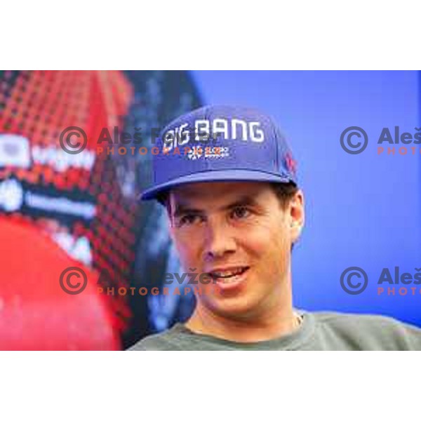 Zan Kosir of Slovenia, Winter Olympic Snowboard medalist during press conference in Bing Bang store in Ljubljana, Slovenia on March 12, 2025