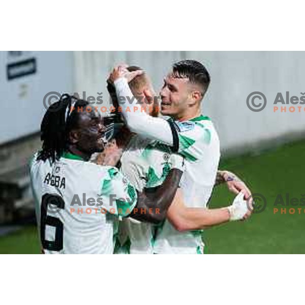 Alex Tamm, Peter Agba and Raul Florucz of Olimpija celebrate a goal during Prva liga Telemach 2024/2025 football match between Olimpija and Mura in Ljubljana, Slovenia on March 12, 2025