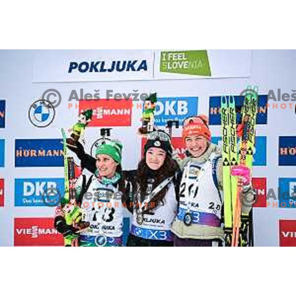 Anamarija Lampic (SLO), celebrate third place and bronze medal at IBU World Cup Biathlon Women mass start at Pokljuka Sports Centre, Slovenia on March 15, 2025