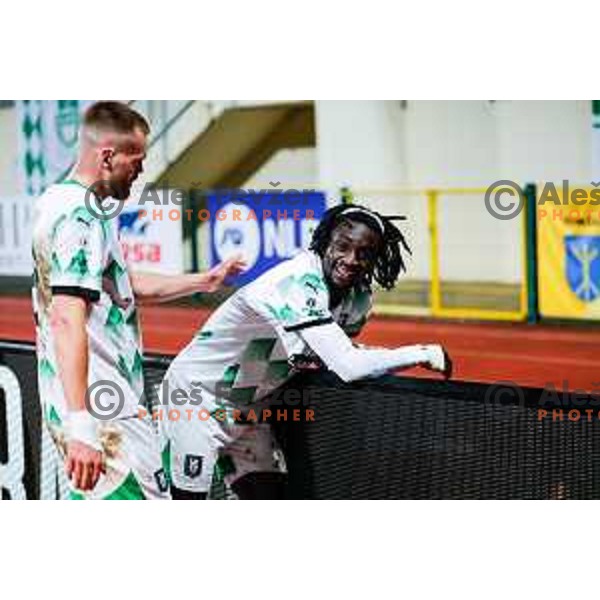 Alex Tamm and Peter Agba celebrate a goal during Prva liga Telemach 2024/2025 football match between Kalcer Radomlje and Olimpija in Domzale Sports Park, Domzale on March 15, 2025