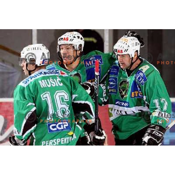 Music, Muric and Zupancic celebrate goal at ice-hockey game Tilia Olimpija- Acroni Jesenice in round 4 of EBEL league, played in Hala Tivoli, Ljubljana, Slovenia 28.9.2008. 