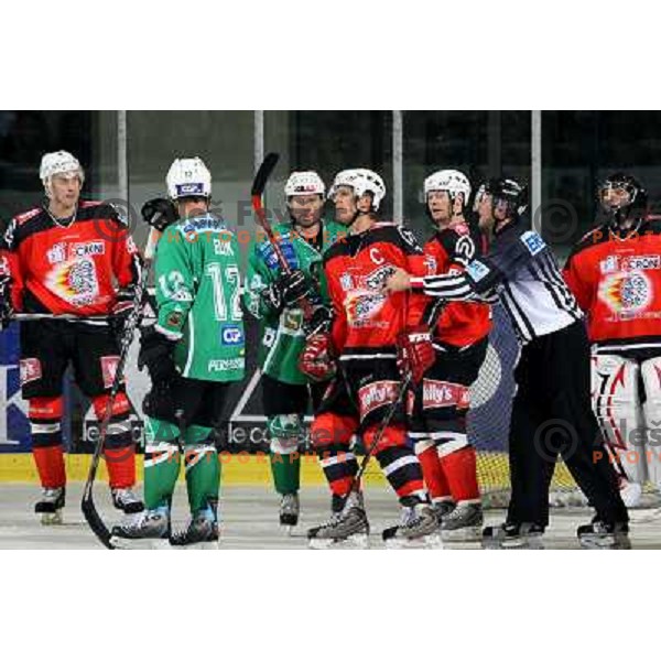 Sabahudin Kovacevic, Todd Elik,Matej Hocevar, Marcel Rodman, Hebar, Glavic (left to right) at ice-hockey game Tilia Olimpija- Acroni Jesenice in round 4 of EBEL league, played in Hala Tivoli, Ljubljana, Slovenia 28.9.2008. 