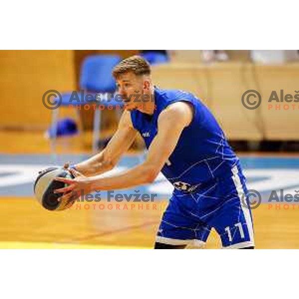in action during OTP Bank League 2024/2025 basketball match between Sencur and Terme Olimia Podcetrtek in Sencur, Slovenia on March 22, 2025