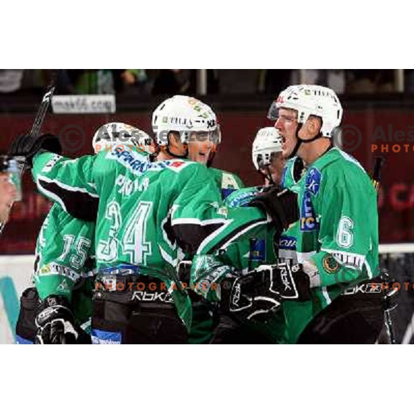 Pavlin, Groznik (6) celebrate goal at ice-hockey game Tilia Olimpija- Acroni Jesenice in round 4 of EBEL league, played in Hala Tivoli, Ljubljana, Slovenia 28.9.2008. 