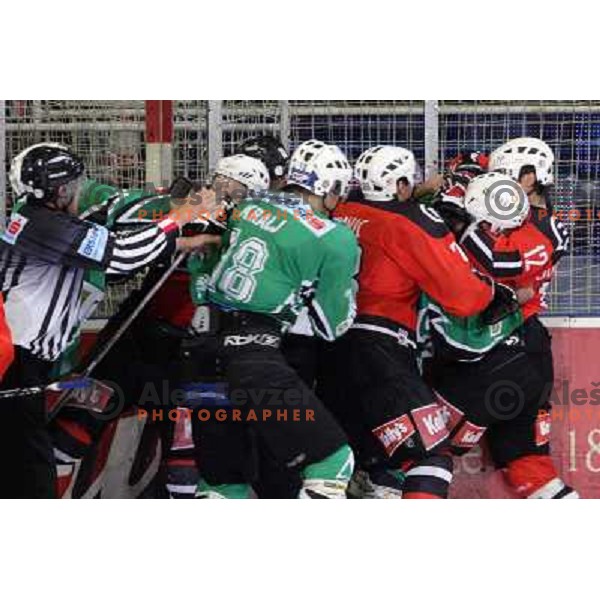 Fight at ice-hockey game Tilia Olimpija-Acroni Jesenice in round 4 of EBEL league, played in Hala tivoli, Ljubljana, Slovenia 28.9.2008. Tilia Olimpija won 5:2. 