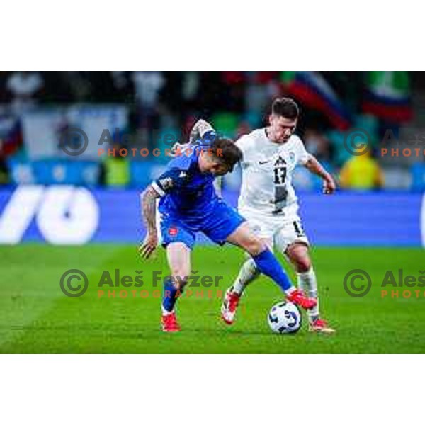 In action during UEFA Nations League 2025 play-off match between Slovenia and Slovakia in Arena Stozice, Ljubljana, Slovenia on March 23, 2025
