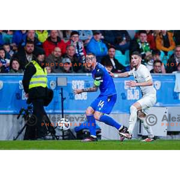 Adam Gnezda Cerin of Slovenia in action during UEFA Nations League 2025 play-off match between Slovenia and Slovakia in Arena Stozice, Ljubljana, Slovenia on March 23, 2025