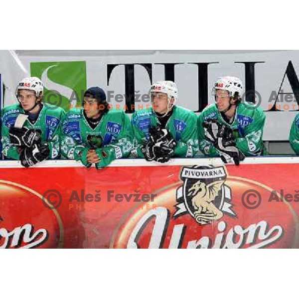 Berlisk, Pintaric, Sodrznik, Ropret at ice-hockey game Tilia Olimpija-Acroni Jesenice in round 4 of EBEL league, played in Hala tivoli, Ljubljana, Slovenia 28.9.2008. Tilia Olimpija won 5:2. 