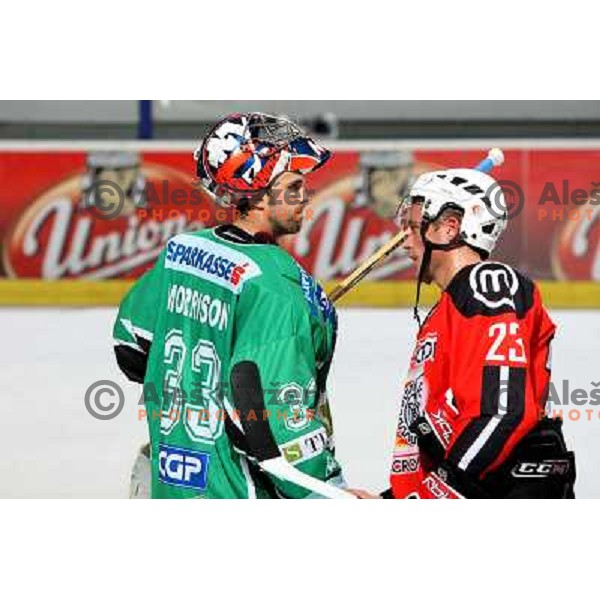 Morrison (33) and Dervaric (23) at ice-hockey game Tilia Olimpija-Acroni Jesenice in round 4 of EBEL league, played in Hala tivoli, Ljubljana, Slovenia 28.9.2008. Tilia Olimpija won 5:2. 