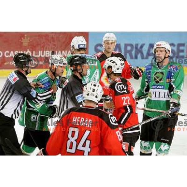 Nik Zupancic (17) and Marcel Rodman (22) at ice-hockey game Tilia Olimpija-Acroni Jesenice in round 4 of EBEL league, played in Hala tivoli, Ljubljana, Slovenia 28.9.2008. Tilia Olimpija won 5:2. 