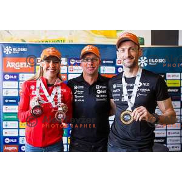 Anamarija Lampic, Jakov Fak and Janez Maric, head coach of Slovenia Biathlon team during 2024/2025 postseason press conference in Ljubljana, Slovenia on March 26, 2025