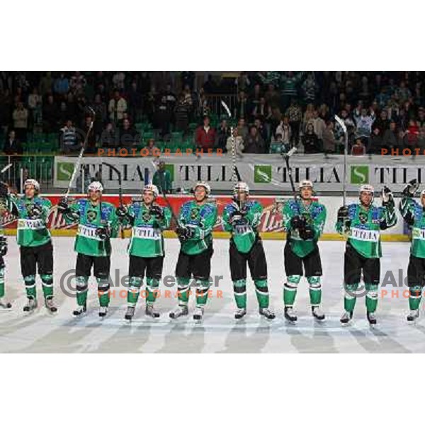 Victory salute at ice-hockey game Tilia Olimpija-Acroni Jesenice in round 4 of EBEL league, played in Hala tivoli, Ljubljana, Slovenia 28.9.2008. Tilia Olimpija won 5:2. 