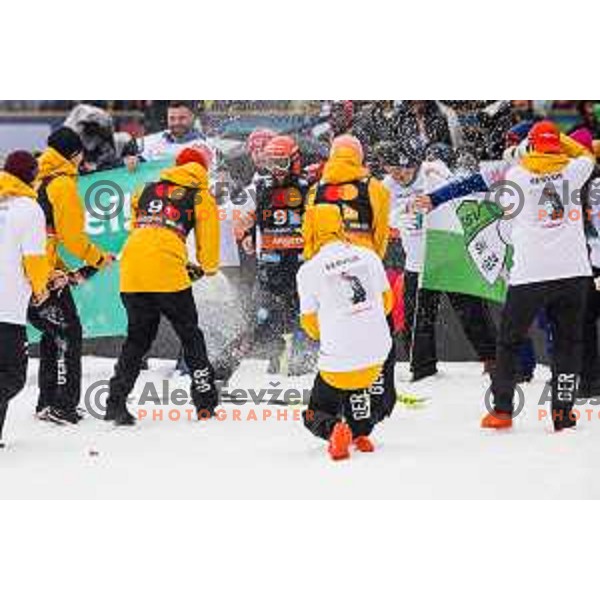 Markus Eisenbichler (GER) fairwell celebration during Team Event at FIS Ski Flying Competition at The Final of FIS Ski- jumping World Cup 2024/2025 in Planica, Slovenia on March 29, 2025