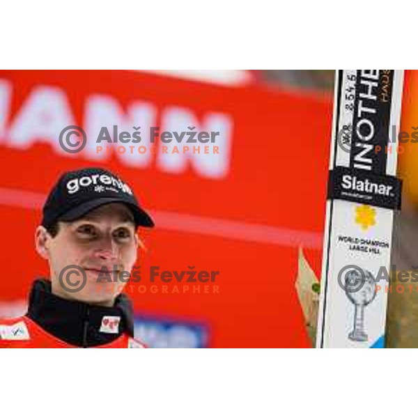 Domen Prevc (SLO) during trophy ceremony at FIS Ski Flying Competition at The Final of FIS Ski-jumping World Cup 2024/2025 in Planica, Slovenia on March 30, 2025. Photo Grega Valancic