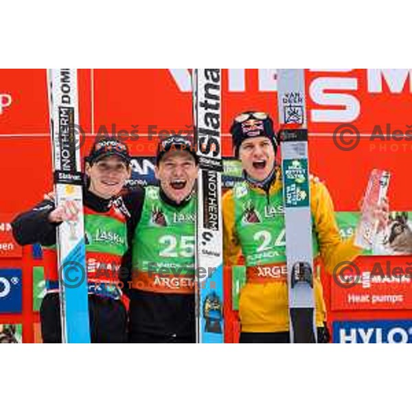 Domen Prevc (SLO), Anze Lanisek (SLO) and Andreas Wellinger (GER) during trophy ceremony at FIS Ski Flying Competition at The Final of FIS Ski-jumping World Cup 2024/2025 in Planica, Slovenia on March 30, 2025. Photo Grega Valancic