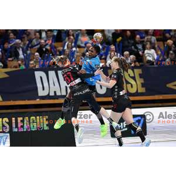 Grace Zaadi Deuna of Krim Mercator in action during EHF Women\'s Champions League match between Krim Mercator Ljubljana and HB Ludwigsburg in Ljubljana, Slovenia on March 30, 2025. Photo: Filip Barbalic