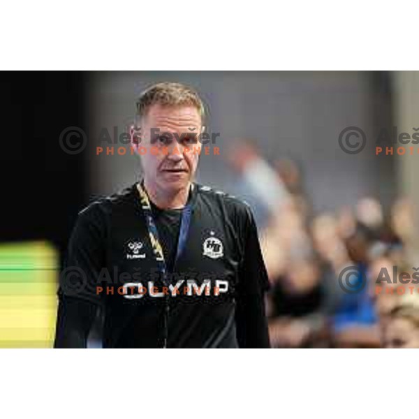 Coach of HB Ludwigsburg, Jakob Vestergaard in action during EHF Women\'s Champions League match between Krim Mercator Ljubljana and HB Ludwigsburg in Ljubljana, Slovenia on March 30, 2025. Photo: Filip Barbalic
