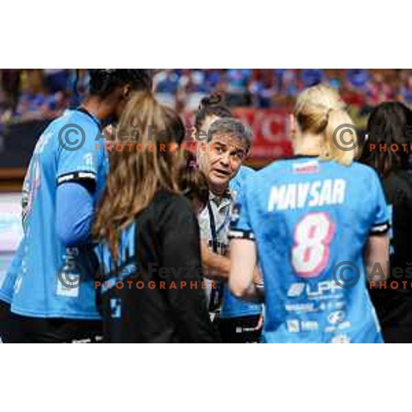 Coach of Krim Mercator, Ambrosio Jose Martin Cedres in action during EHF Women\'s Champions League match between Krim Mercator Ljubljana and HB Ludwigsburg in Ljubljana, Slovenia on March 30, 2025. Photo: Filip Barbalic