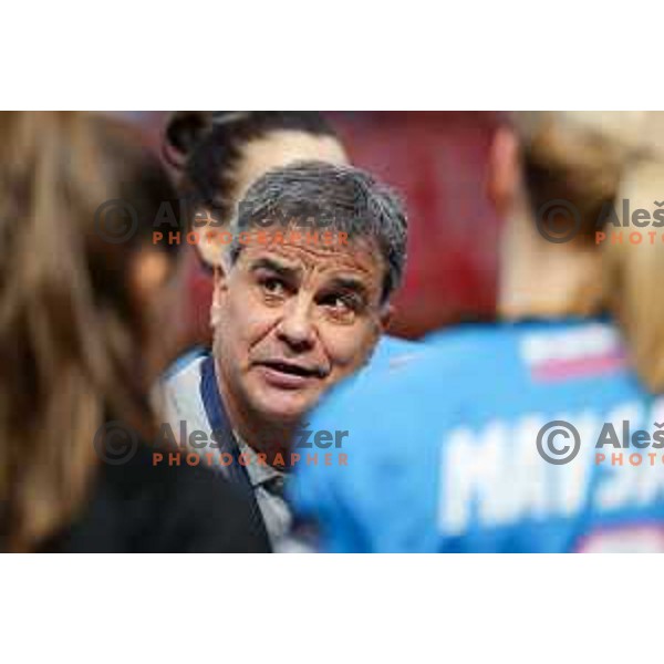 Coach of Krim Mercator, Ambrosio Jose Martin Cedres in action during EHF Women\'s Champions League match between Krim Mercator Ljubljana and HB Ludwigsburg in Ljubljana, Slovenia on March 30, 2025. Photo: Filip Barbalic