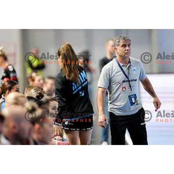 Coach of Krim Mercator, Ambrosio Jose Martin Cedres in action during EHF Women\'s Champions League match between Krim Mercator Ljubljana and HB Ludwigsburg in Ljubljana, Slovenia on March 30, 2025. Photo: Filip Barbalic