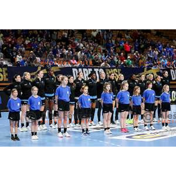 Players of Krim Mercator prior to EHF Women\'s Champions League match between Krim Mercator Ljubljana and HB Ludwigsburg in Ljubljana, Slovenia on March 30, 2025. Photo: Filip Barbalic
