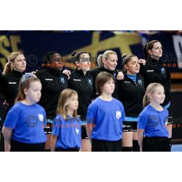 Ana Gros, Jovanka Radicevic, Manca Juric, Tjasa Stanko and Grace Zaadi Deuna of Krim Mercator prior to EHF Women\'s Champions League match between Krim Mercator Ljubljana and HB Ludwigsburg in Ljubljana, Slovenia on March 30, 2025. Photo: Filip Barbalic
