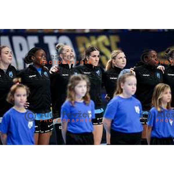 Grace Zaadi Deuna, Tamara Mavsar, Ana Abina, Barbara Elisabeth Arenhart and Hawa Ndiaye of Krim Mercator prior to EHF Women\'s Champions League match between Krim Mercator Ljubljana and HB Ludwigsburg in Ljubljana, Slovenia on March 30, 2025. Photo: Filip Barbalic