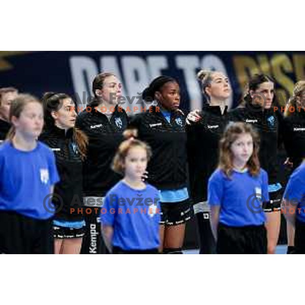 Ana Abina, Barbara Elisabeth Arenhart, Hawa Ndiaye, Maja Vojnovic and Jennifer Maria Gutierrez Bermejo of Krim Mercator prior to EHF Women\'s Champions League match between Krim Mercator Ljubljana and HB Ludwigsburg in Ljubljana, Slovenia on March 30, 2025. Photo: Filip Barbalic