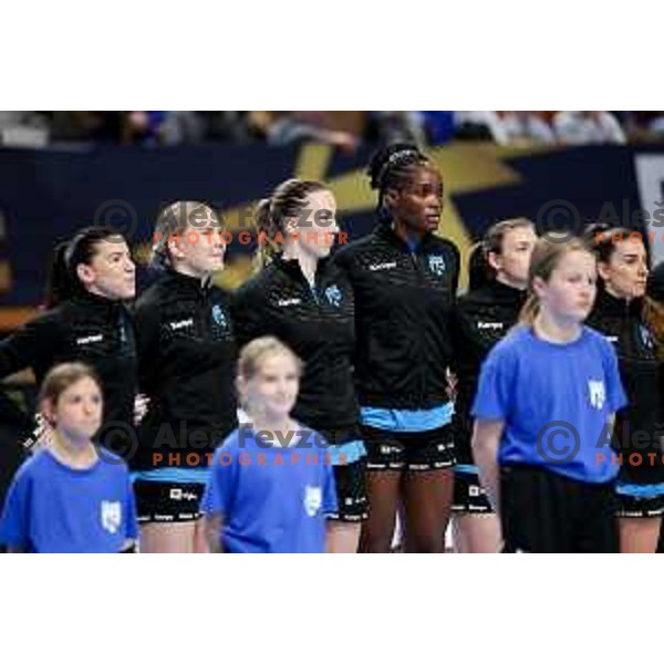 Betchaidelle Ngombele, Tatjana Brnovic, Philomena Egger and Itana Grbic of Krim Mercator prior to EHF Women\'s Champions League match between Krim Mercator Ljubljana and HB Ludwigsburg in Ljubljana, Slovenia on March 30, 2025. Photo: Filip Barbalic