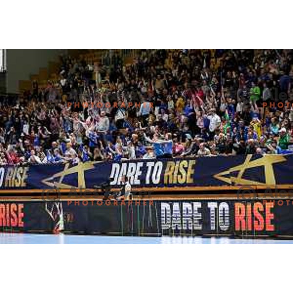 Fans of Krim Mercator in action during EHF Women\'s Champions League match between Krim Mercator Ljubljana and HB Ludwigsburg in Ljubljana, Slovenia on March 30, 2025. Photo: Filip Barbalic
