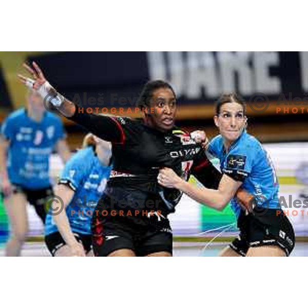 Kaba Gassama Cissokho of HB Ludwigsburg and Ana Abina of Krim Mercator in action during EHF Women\'s Champions League match between Krim Mercator Ljubljana and HB Ludwigsburg in Ljubljana, Slovenia on March 30, 2025. Photo: Filip Barbalic