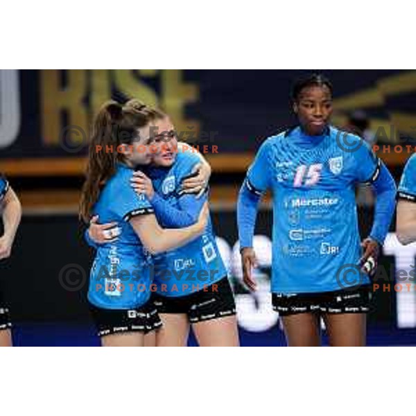 Jennifer Maria Gutierrez Bermejo and Jovanka Radicevic of Krim Mercator after EHF Women\'s Champions League match between Krim Mercator Ljubljana and HB Ludwigsburg in Ljubljana, Slovenia on March 30, 2025. Photo: Filip Barbalic