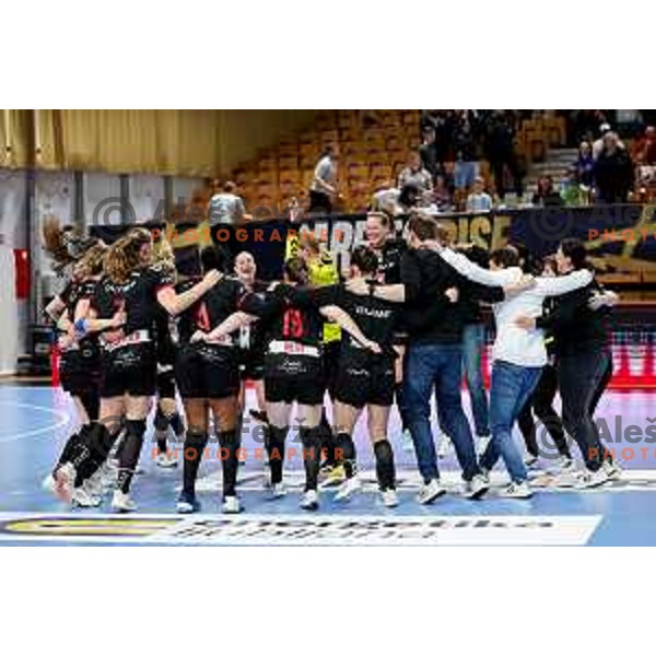 Players of HB Ludwigsburg celebrate win EHF Women\'s Champions League match between Krim Mercator Ljubljana and HB Ludwigsburg in Ljubljana, Slovenia on March 30, 2025. Photo: Filip Barbalic