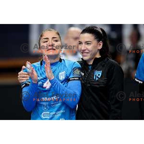 Jovanka Radicevic and Itana Grbic of Krim Mercator after EHF Women\'s Champions League match between Krim Mercator Ljubljana and HB Ludwigsburg in Ljubljana, Slovenia on March 30, 2025. Photo: Filip Barbalic