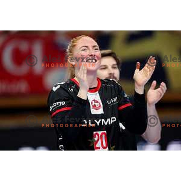 Sofia Hvenfelt of HB Ludwigsburg celebrates win in EHF Women\'s Champions League match between Krim Mercator Ljubljana and HB Ludwigsburg in Ljubljana, Slovenia on March 30, 2025. Photo: Filip Barbalic