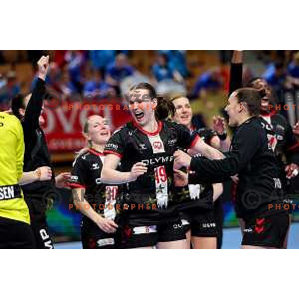 Anne With Johansen of HB Ludwigsburg celebrates win in EHF Women\'s Champions League match between Krim Mercator Ljubljana and HB Ludwigsburg in Ljubljana, Slovenia on March 30, 2025. Photo: Filip Barbalic