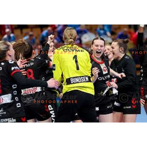 Johanna Bundsen and Anne With Johansen of HB Ludwigsburg celebrate win in EHF Women\'s Champions League match between Krim Mercator Ljubljana and HB Ludwigsburg in Ljubljana, Slovenia on March 30, 2025. Photo: Filip Barbalic