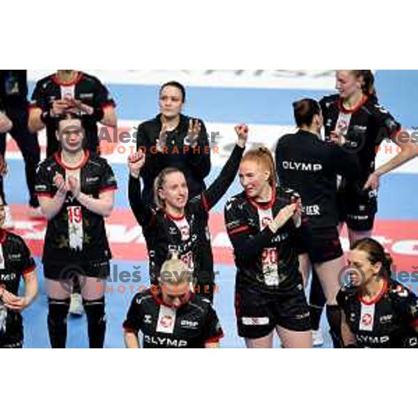 Veronika Mala, Sofia Hvenfelt and players of HB Ludwigsburg celebrate win in EHF Women\'s Champions League match between Krim Mercator Ljubljana and HB Ludwigsburg in Ljubljana, Slovenia on March 30, 2025. Photo: Filip Barbalic