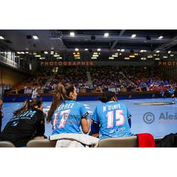 Jennifer Maria Gutierrez Bermejo and Hawa Ndiaye of Krim Mercator during EHF Women\'s Champions League match between Krim Mercator Ljubljana and HB Ludwigsburg in Ljubljana, Slovenia on March 30, 2025. Photo: Filip Barbalic