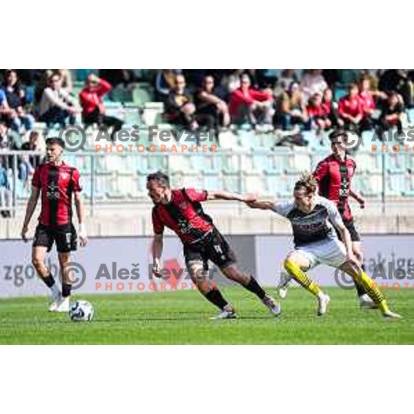 in action during Prva liga Telemach 2024/2025 football match between Primorje and Kalcer Radomlje in Ajdovscina, Slovenia on March 30, 2025