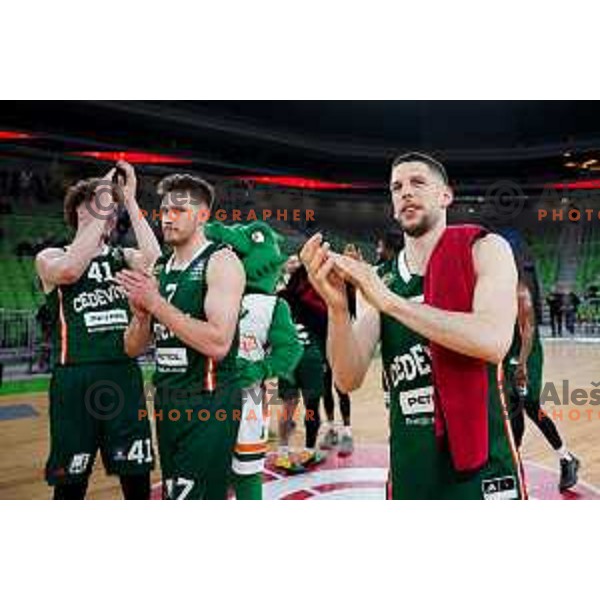 Gregor Glas and Aleksej Nikolic of Cedevita Olimpija after regular season basketball match of AdmiralBet ABA League 2024/2025 between Cedevita Olimpija and Borac in SRC Stozice, Ljubljana, Slovenia on March 30, 2025. Photo: Filip Barbalic