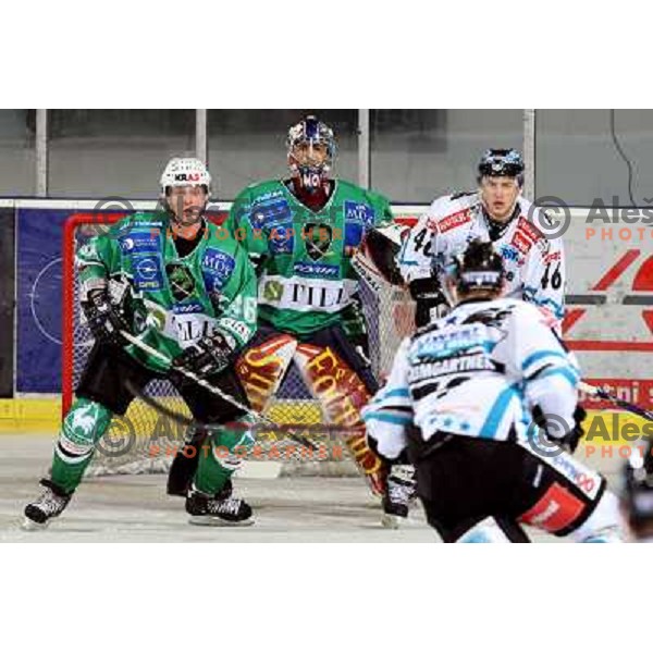 Petrilainen, Morrison and Ibounig (46) at ice-hockey game Tilia Olimpija-EHC Liwest Linz in round 6 of EBEL league, played in Ljubljana (Slovenia) 2.10.2008 