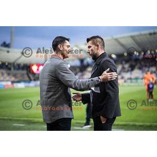 Albert Riera, head coach of Celje and Bostjan Cesar, head coach of Maribor handshake before Slovenian Cup 2024/25 quarter-finals football match between Maribor and Celje in Ljudski vrt, Maribor, Slovenia on April 2, 2025. Photo: Jure Banfi