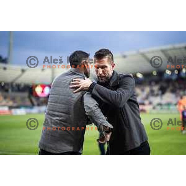 Albert Riera, head coach of Celje and Bostjan Cesar, head coach of Maribor handshake before Slovenian Cup 2024/25 quarter-finals football match between Maribor and Celje in Ljudski vrt, Maribor, Slovenia on April 2, 2025. Photo: Jure Banfi