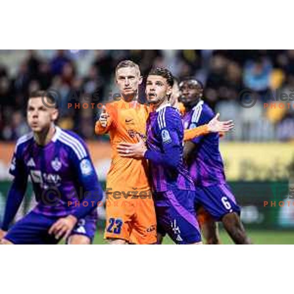 Zan Karnicnik vs Omar Rekik in action during Slovenian Cup 2024/25 quarter-finals football match between Maribor and Celje in Ljudski vrt, Maribor, Slovenia on April 2, 2025. Photo: Jure Banfi