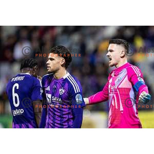 Omar Rekik and Azbe Jug during Slovenian Cup 2024/25 quarter-finals football match between Maribor and Celje in Ljudski vrt, Maribor, Slovenia on April 2, 2025. Photo: Jure Banfi
