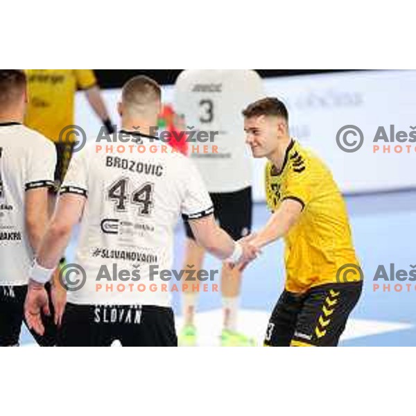 Enej Slatinek Jovicic of Gorenje Velenje in action during Semifinal of Slovenian Handball Cup between LL Grosist Slovan and Gorenje Velenje in Ljubljana, Slovenia on April 4, 2025. Photo: Filip Barbalic