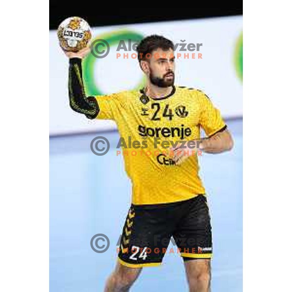 Tilen Sokolic of Gorenje Velenje in action during Semifinal of Slovenian Handball Cup between LL Grosist Slovan and Gorenje Velenje in Ljubljana, Slovenia on April 4, 2025. Photo: Filip Barbalic