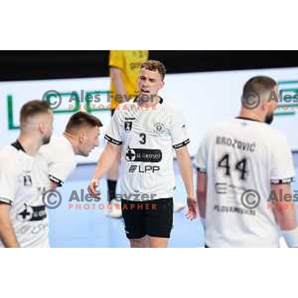 Stas Slatinek Jovicic of LL Grosist Slovan in action during Semifinal of Slovenian Handball Cup between LL Grosist Slovan and Gorenje Velenje in Ljubljana, Slovenia on April 4, 2025. Photo: Filip Barbalic